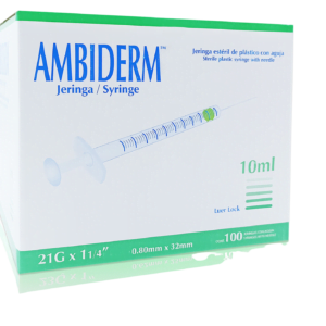 Jeringa estéril de plástico con aguja 3ml 22G x 32mm Caja c/100 piezas