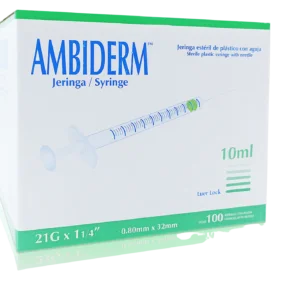 Jeringa estéril de plástico con aguja 3ml 22G x 32mm Caja c/100 piezas